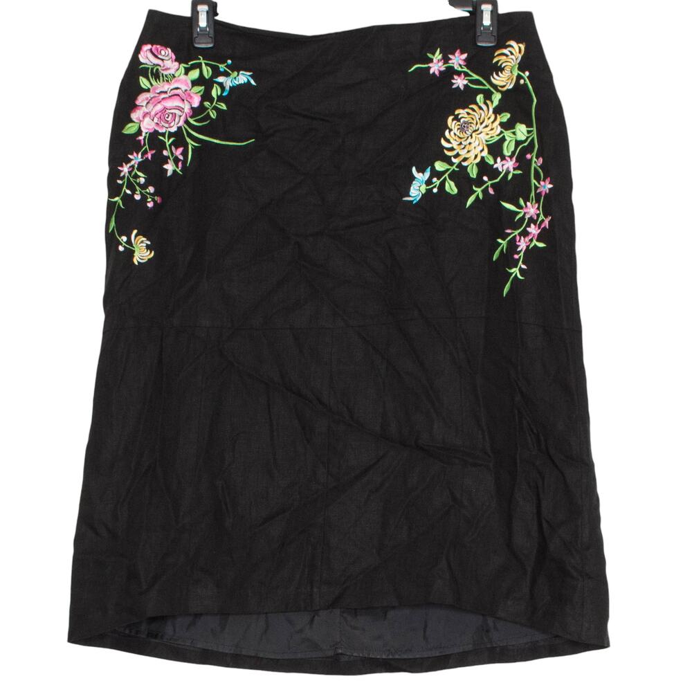 Linen Skirt Embroidered Floral Black Midi Plus Size 16 Boho Cottagecore 90s Y2K
